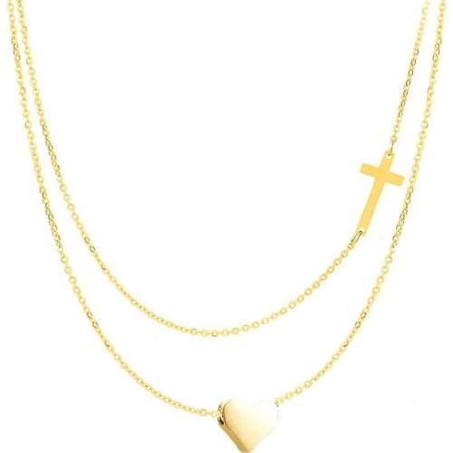 316L Stainless Steel Double Layer Love Heart Cross Pendant Double Layer Hip Hop Necklace No Fade