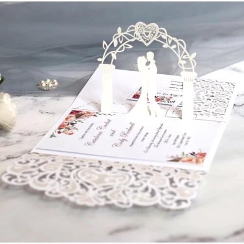 50 Pieces/Lot) 3D Pop Up Wedding Invitation Cards DIY Shiny Bride And Groom Laser Cut Party Invitations With Customized Print
