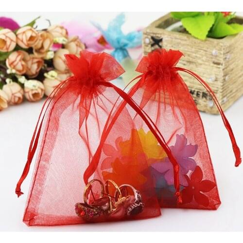 9x12cm (3.54"x4.72") 100pcs/lot Red Jewelry Gift Organza Bags Bolsa Comida Casamento Decoration Gift Bags Bolso Printed Logo