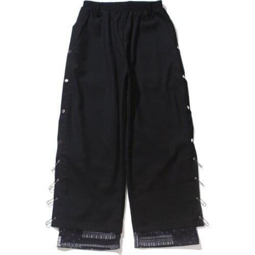 Faux 2 pieces Pants Men Bandana Patchwork Fashion Trousers Side Button Pin Hiphop Streetwear Male Straight Clothing 2021 Autumn