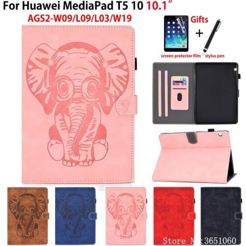 Case For Huawei MediaPad T5 10 AGS2-W09/L09/L03/W19 10.1" Cover Funda Elephant Embossed PU leather Stand Shell Capa +Gift