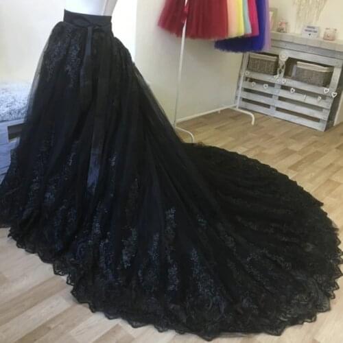 Black Tulle Wedding Skirt Detachable Train Lace Appliqued Bridal Tutu Detachable Skirt Long Train Overskirt for Wedding Gown