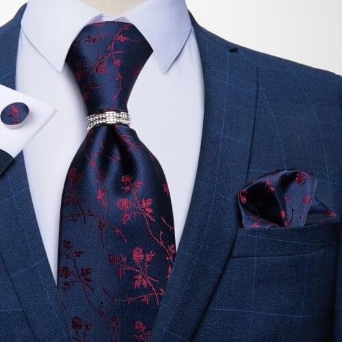 DiBanGu Designer Classic Silk Men Tie Navy Red Floral Paisley Formal Wear Business Suit Wedding Party Necktie Hanky Set For Men