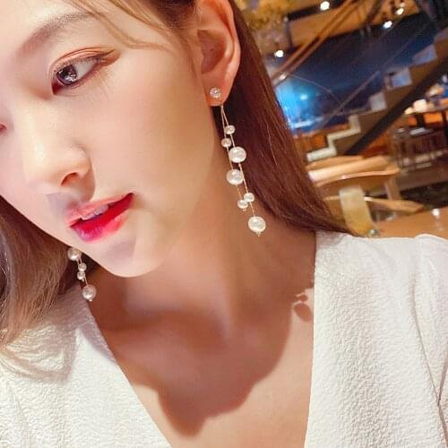 Long Exquisite Simulated-pearl Tassel Earrings Design Sense Shining Elegant Small Fairy Pendant Earrings All-matching