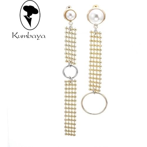 White & Gold Beads Chain Tassels Long Drop Earrings Women Jewelry Accessories Statements Left and Right Asymmetry Jewelry E18601