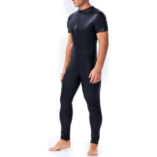 Mens Faux Leather Wetlook Full Body Bodysuit Zipper Crotch Short Sleeves Skinny Leotard Catsuit Zentai Fetish Cosplay Costume