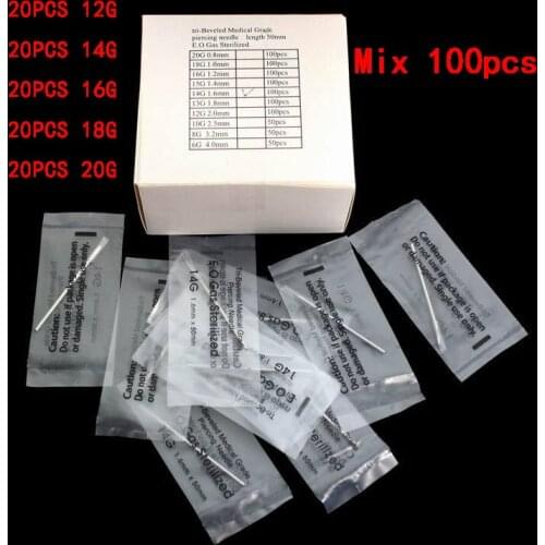 100PCS tattoo machine Piercing Needles Mixed 12G 14G 16G 18G 20G Sterile Disposable Piercing Needles for Ear Nose Navel Nipple