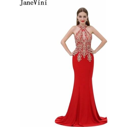 JaneVini Sexy Red Mermaid Long Bridesmaid Dresses Halter Gold Lace Appliques Beaded Sheer Back Arabic Satin Formal Party Gowns