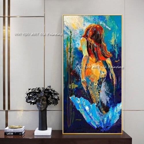 New Design Sea Beautiful Mermaid Oil Painting Handmade Canvas Seascape Paintings Canvas Pictures Painting Vertical Painting
