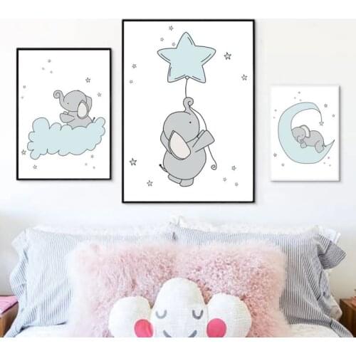 Nordic Elephant Canvas Painting Cartoon Picture Boys Girls Baby Room Animal Painting Star Moon Nursery Poster Home Decor Cuadros