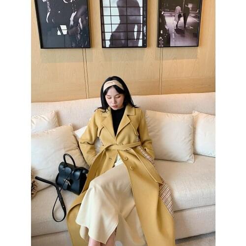 2021 new Korean goose yellow Plaid double-sided cashmere coat knee length all wool coat