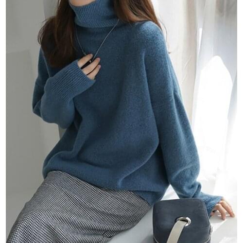 Korean Fashion Sweaters for Women Pullover Autumn Winter Loose Knitwear Long Sleeve Casual Womens Turtleneck 2021 Blue Sweater