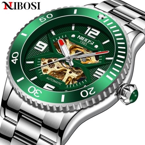 NIBOSI Fashion Skeleton Mechanical Watches All Steel Sapphire Glass Automatic Mechanical Watch Waterproof Luminous Reloj Hombre