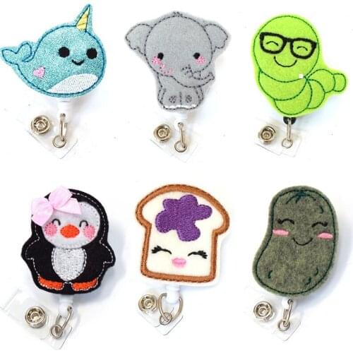 Mix felt cute cartoon Elephant dolphins penguin animal retractable nurse ID badge card holder reel