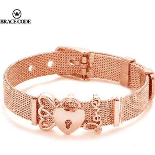 Fashion Rose Gold Color Stainless Steel Mesh Bracelet Set Gold Love Lock Charm Brand Bracelet Bangle for Woman Jewelry Gifts