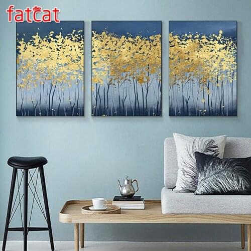 FATCAT Abstract golden tree landscape diy 5d diamond painting full square round mosaic embroidery triptych kit decoration AE2974