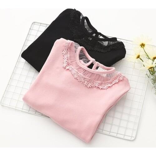 2017 New Autumn and Winte Cotton Baby Girls Lace Patchwork T Shirt Solid Full Long Sleeve Girls T-Shirt Children Tops Tee