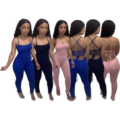Pure Color Fashion Hanging Neck Open Back Chicken Eye Leggings Womens Daily Wear Street Dress Exercise Sports Casual Jumpsuit