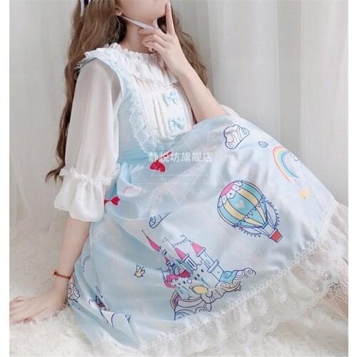 Casual Sleeveless Lolita JSK Dress Sweet Unicorn and Rainbow Printed Bowknot Chiffon Dress D452