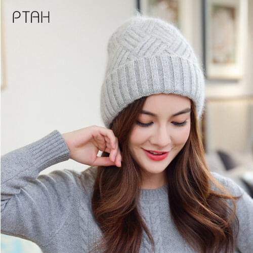 [PTAH] Knitted Hat Women Winter Hats for Women Ladies Brand Pure Color Outdoor Girls Cap Female Skullies Beanies Warm Softer Hat
