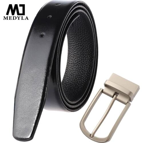 MEDYLA Fashion Mens Business Belt Without Buckle Soft Natural Cowhide Leather Belt Men Hard Metal 360 ° Rotating Belt Buckle