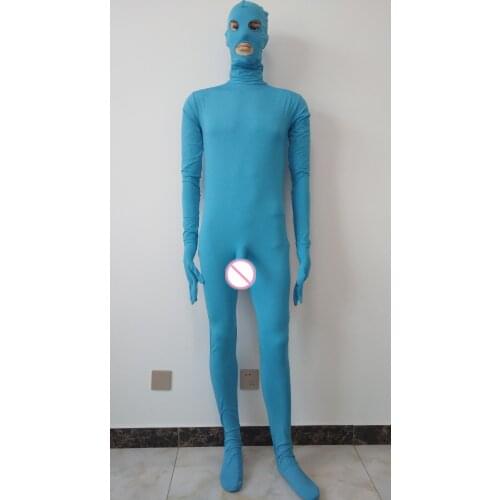 Lake blue color sexy mens Spandex jumpsuit Catsuit with Penis sheath can removable mask and hands