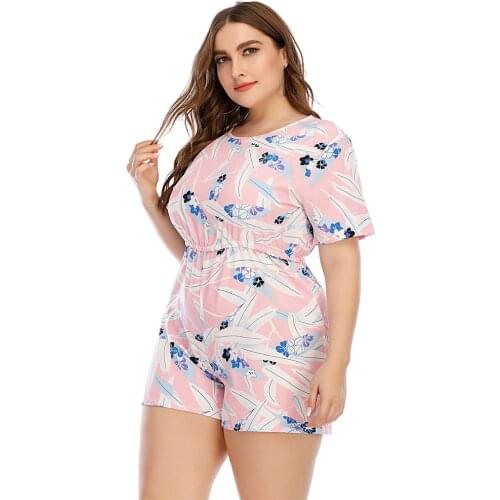 XL To 5XL Plus Size Women Playsuits Printed Short Sleeved High Waist Jumpsuit O-neck Halter Casual Summer Rompers TJR5015