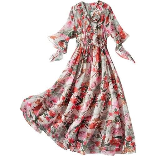 L XL XXL 3XL 4XL 5XL 2021 Summer New Arrival Casual V Neck Plus Size Floral Chiffon Dress Woman