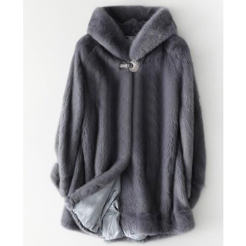 Fashion Whole Mink Fur Gray Female Jackets Winter Hooded Thick Warm Women Outwear Elegant Windproof Cold Loose Oversize Coat