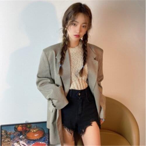 Suit Casual Women Autumn Korean Style Vintage Gray Houndstooth Brazers Notched Collar Long Sleeve Bag Hip Outwears 2020