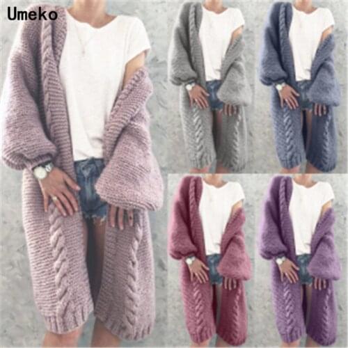 Umeko 2020 Womens Knitted Cardigan Winter Thick Warm Long Cardigan Female Long Sleeve Vintage Sweater Outwear Plus Size Coats