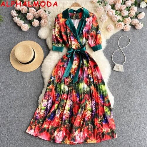 ALPHALMODA 2021 Summer Women Floral Print Pleated Fashion Dress Sashes Short-sleeved Elegant Party Dress