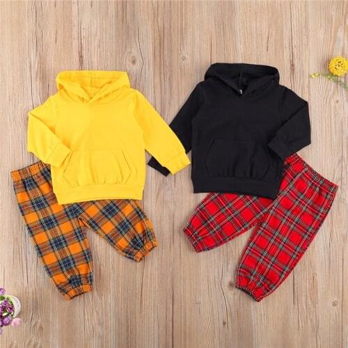 2021 Toddler Baby Clothes Solid Color Long Sleeve Hooded Tops Plaid Trousers 2Pcs Outfits Cotton Clothes Newest Baby Suit