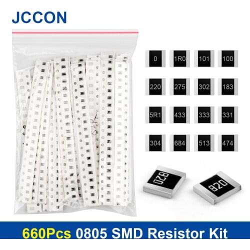 660Pcs 0805 SMD Resistor Assorted Kit 1ohm-1M ohm 33Values x 20Pcs=660Pcs Sample Kit 1% Chip Fixed Resistor DIY
