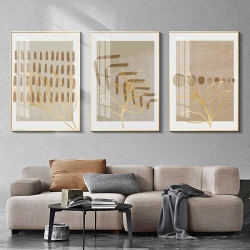 Abstract Golden Plant Leaves Canvas Painting Geometric Line Wall Art Minimalist Poster Print Nordic Living Room Home Decor