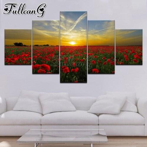 FULLCANG Sunset red flowers 5 piece diy diamond painting full square round drill mosaic embroidery sale home decoration FC3112