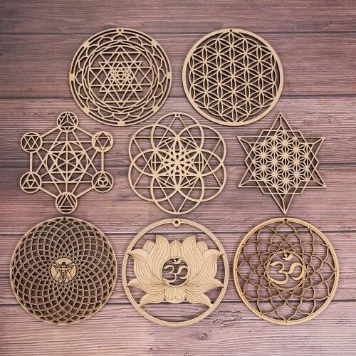 Wood Round Edge Circles Carved Rattan Coaster Chakra Flower of life Natural Symbol Coaster Stone Crystal Set DIY Healing Decor