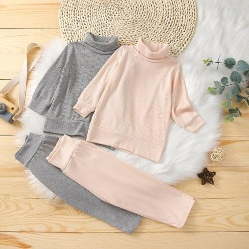 1-5Y Toddler Kids Baby Girl Pajama Set Solid Color/Flower Long Sleeve Turtleneck Pullover Tops Long Pant 2PCS Homewear Sleepwear