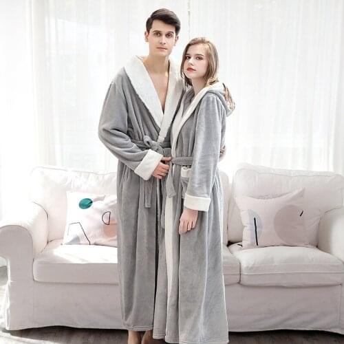 Flannel Thicken Robe for Women Men Winter Warm Bathrobe Long Sleeve Couple Pajamas Sleepwear Women Men Bath Robe Loungewear