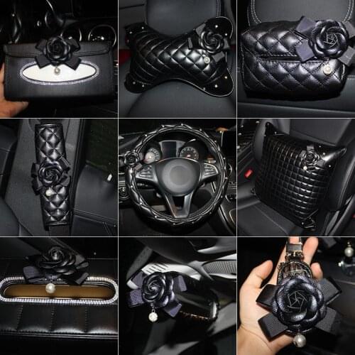 Camellia Black Flower Car Steering Wheel Cover Leather Car Neck Waist Pillow Universal Car Styling Headrest Cushion Women