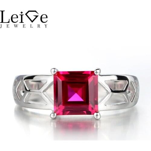 Leige Jewelry Solitaire Rings Square Cut Ruby Rings for Women Wedding Engagement Gemstone Jewelry Sterling Silver 925