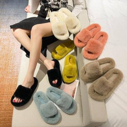 Furry Slippers Fur Slides For Women Faux Fur Sliders Indoor Shoes Woman Strap Shoes Female Casual Home Flat Winter Footwear