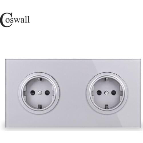 Coswall Crystal Tempered Full Glass Panel 16A Double EU Standard Wall Power Socket Grounded With Child Protective Lock Grey Gray