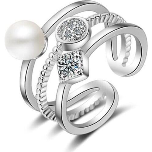 New Fashion Creative Beautiful Double-layer Geometric 925 Sterling Silver Jewelry Square Crystal And Pearl Opening Rings SR635