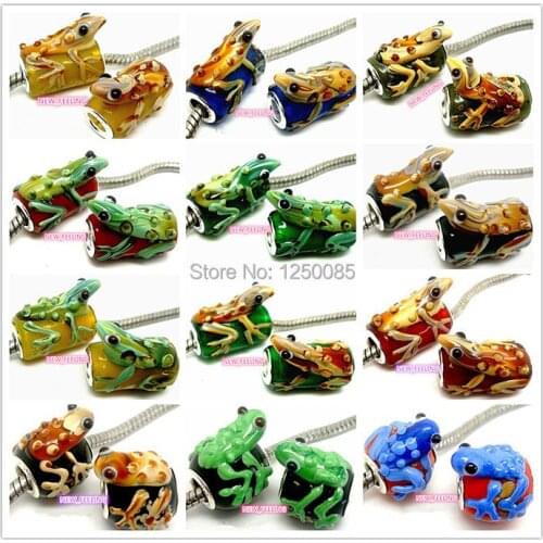 Wholesale 30Pcs/lot High Quality Mixed color Frog and Lizard Lampwork Glass Beads Silver plated fit European Charm Bracelet
