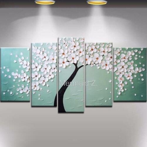 Hand Painted Modern White Gustav Klimt Tree Of Life Abstract Oil Painting On Canvas Picture 5 Panel Wall Art Home Decoration