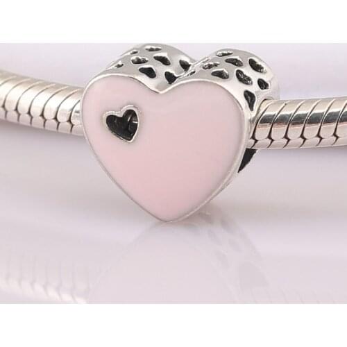 S925 Bead Pink Enamel Sweet Love Heart Charms for Women Bracelet Bangle DIY Jewelry