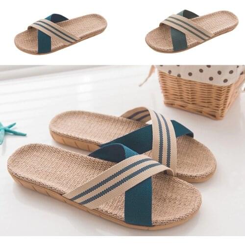 25# Men Shoes Fashion Anti-slip Slippers Linen Home Indoor Open Toe Flat Shoe Beach Slippers Striped Spliced Rubber Sole Sandals