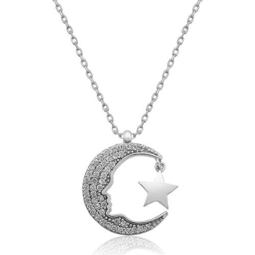 Silverlina Silver Ataturk Silhouette Moon Star Women 'S Necklace