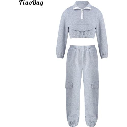 TiaoBug Spring Autumn Kid Girl Grey Sport Outfit Lapel Long Sleeves Front Zipper Elastic Hem Crop Top And Long Pants Running Set